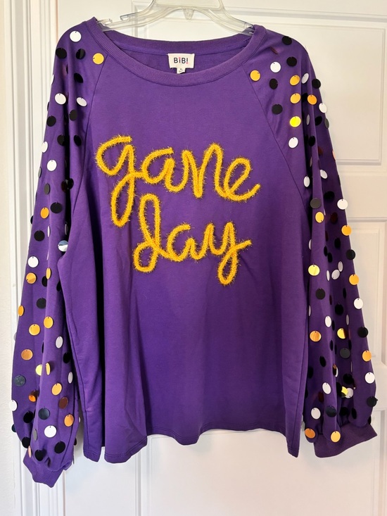 BiBi Tops - BiBi Purple 'Game Day' Sweatshirt with Yellow Script and Multi Polka Pom Sleeves